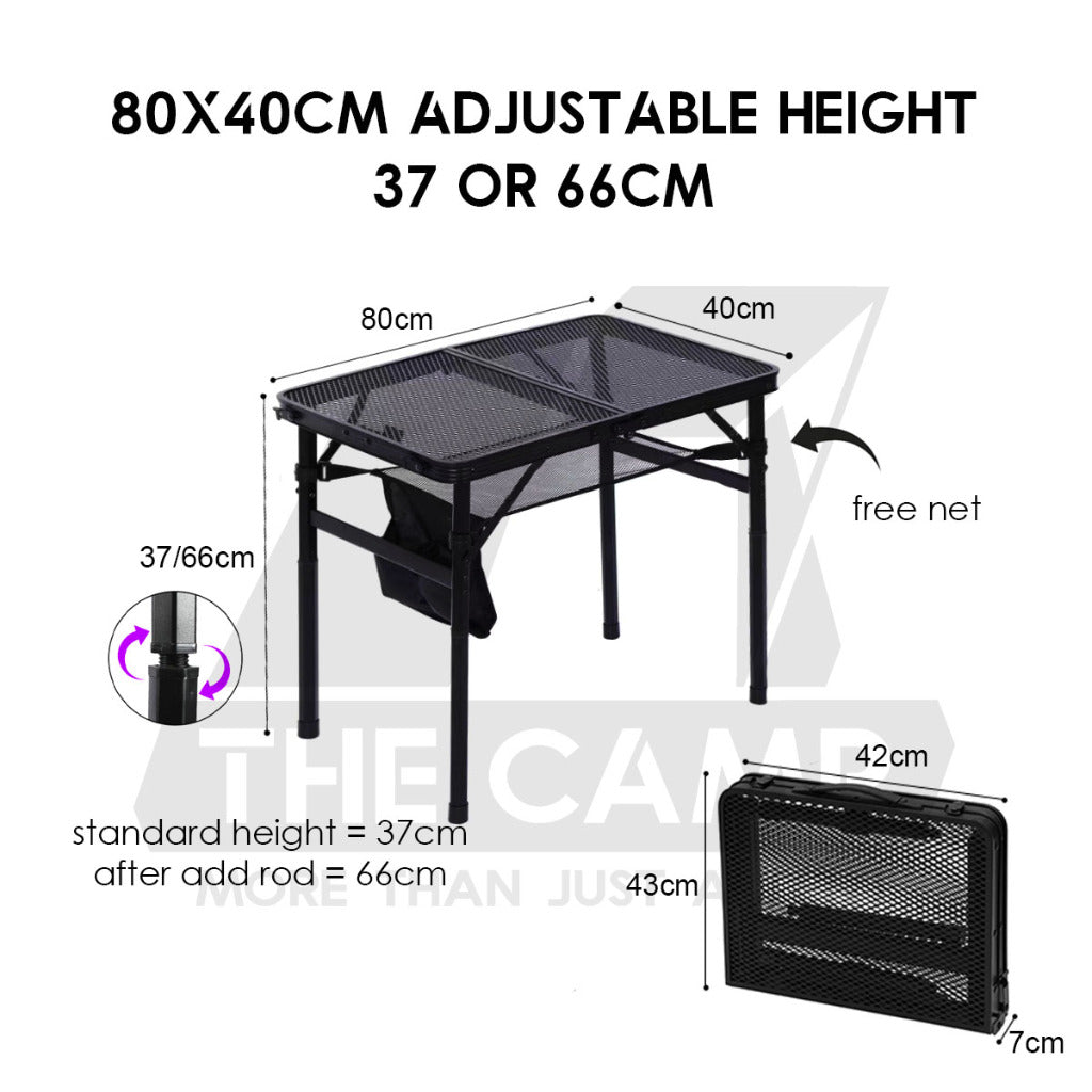 Outdoor Camping Aluminium Mesh Table Foldable Suitcase Size Portable Lightweight Black Iron Mesh Rack