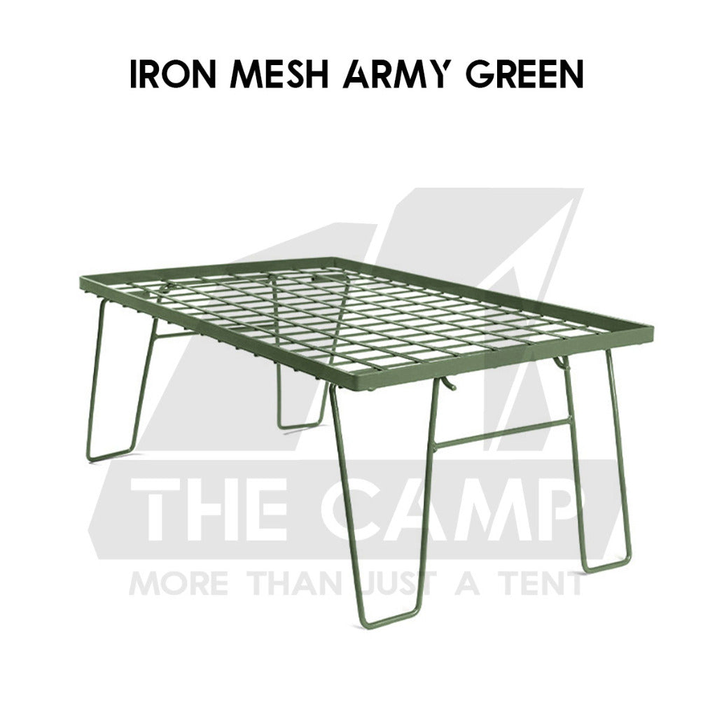 Iron Steel Mesh Camping Rack Table Foldable Portable Stacking Storage Rack Bamboo Wood Top Picnic Outdoor