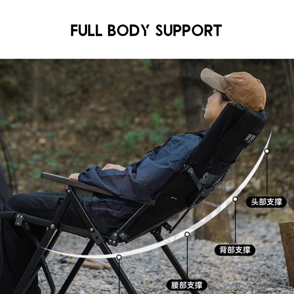 Shinetrip Recliner Chair with Oak Wood Arm Rest 4 Level Reclining Outdoor Camping Beach Picnic High Back Black