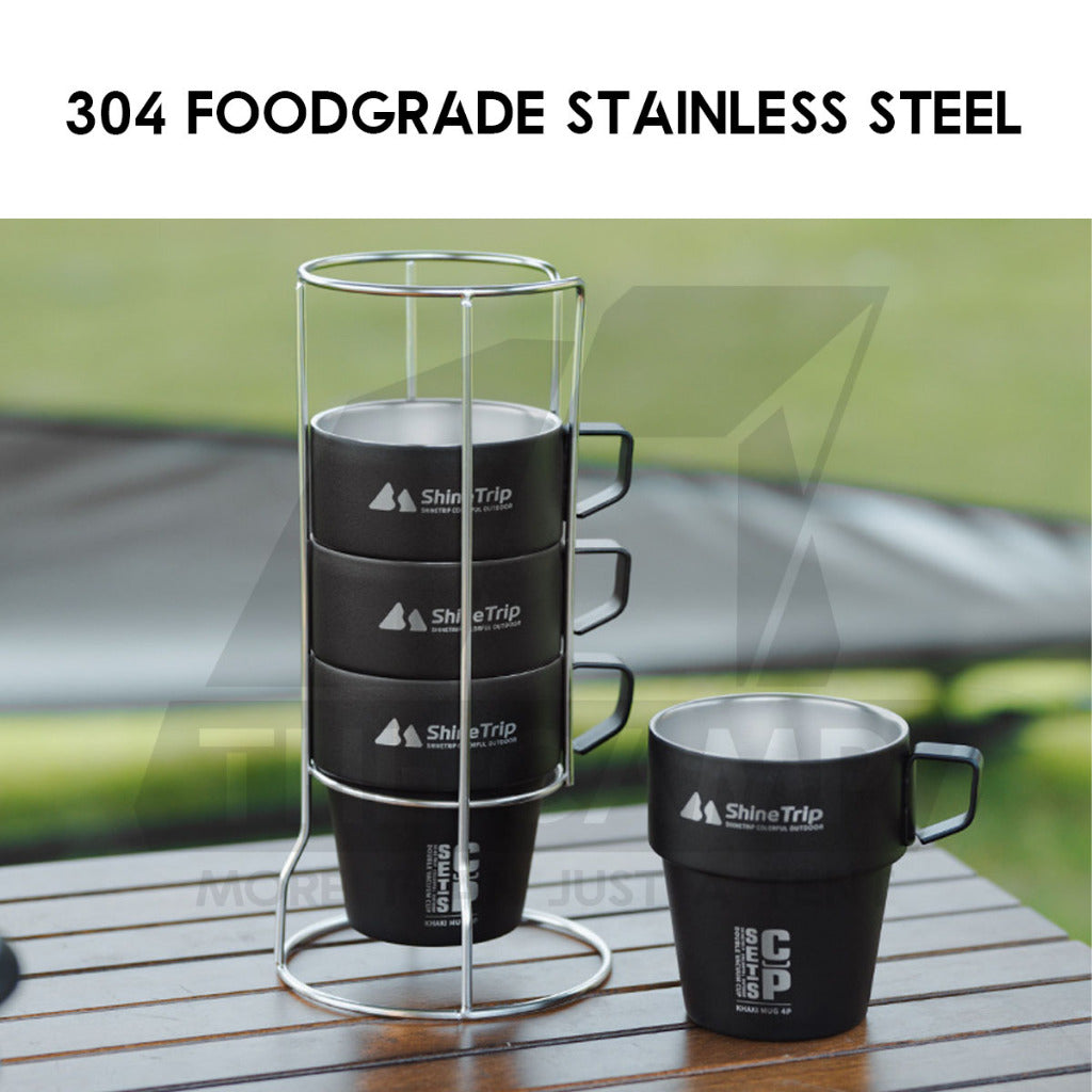 Shinetrip Portable 4PCS Stainless Steel Cup Set 300ml with Holder Rack Camping Cookware Picnic Table Peg Flysheet Black
