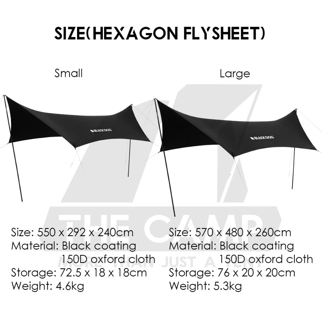 Blackdog Hexagon / Square Flysheet Tarp Large Outdoor Camping Black Square Awning Pole Tent Light
