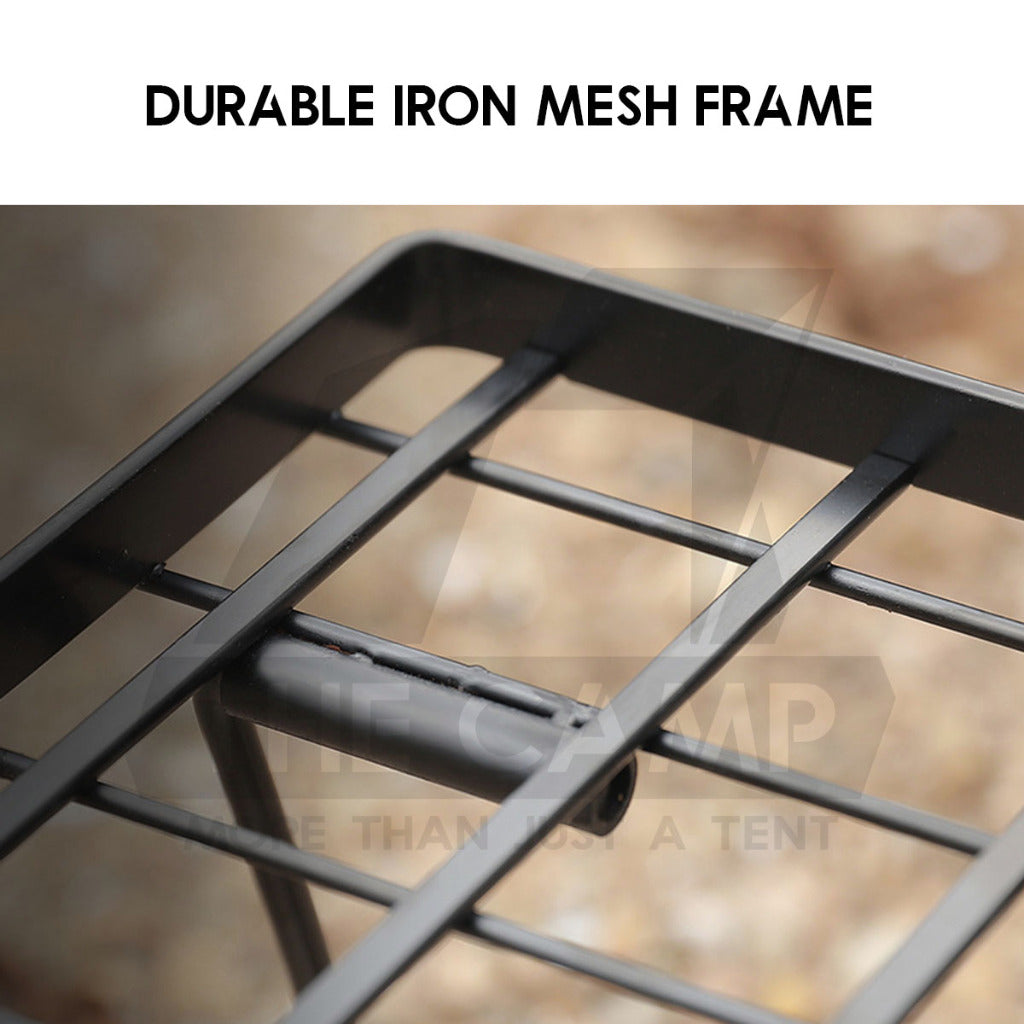 Iron Steel Mesh Camping Rack Table Foldable Portable Stacking Storage Rack Bamboo Wood Top Picnic Outdoor