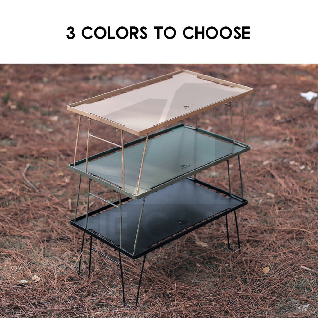 Iron Steel Mesh Camping Rack Table Foldable Portable Stacking Storage Rack Bamboo Wood Top Picnic Outdoor