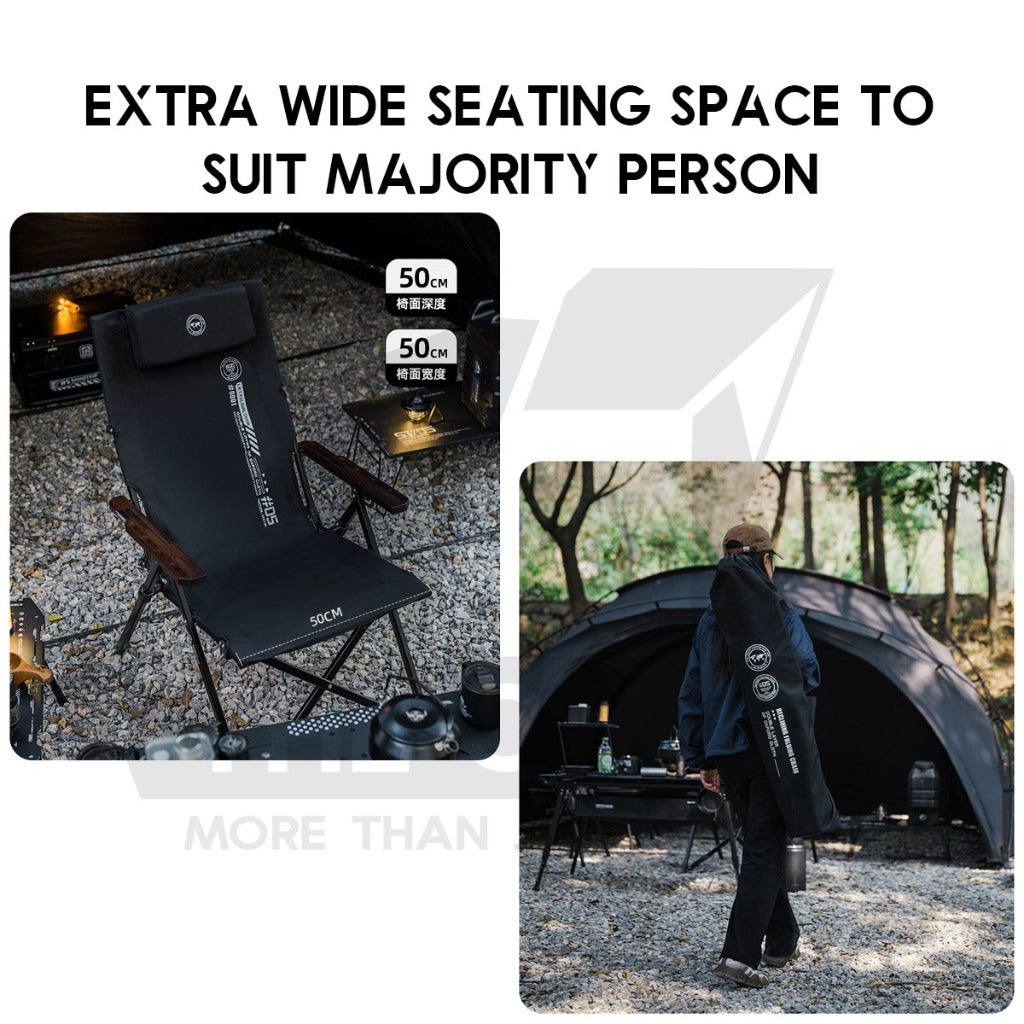 Shinetrip Recliner Chair with Oak Wood Arm Rest 4 Level Reclining Outdoor Camping Beach Picnic High Back Black