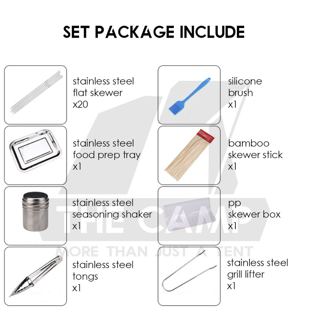 Portable Foldable BBQ Rack Grill Outdoor Camping Charcoal BBQ Stand Black Accessories Brush Skewer Seasoning Bottle