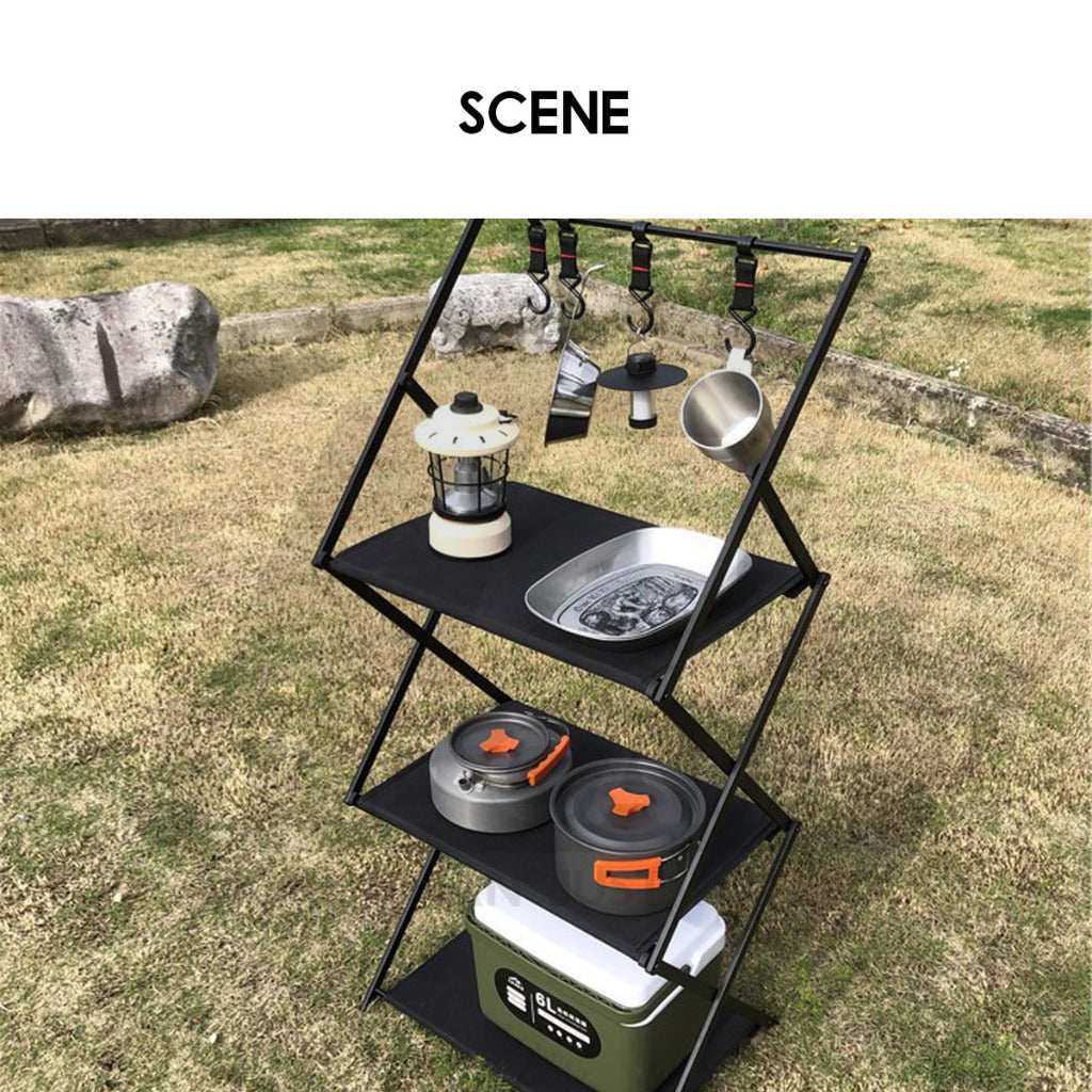 Camping Foldable Rack Basket 2 Layer 3 Layers Shelf Aluminum + Cloth Outdoor Hanger Tripod Stand Tableware Rak Lipat