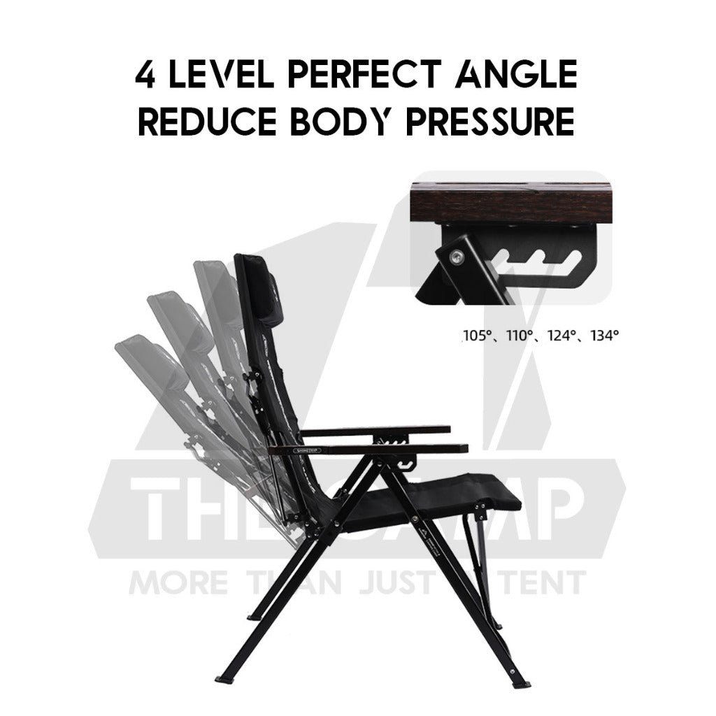 Shinetrip Recliner Chair with Oak Wood Arm Rest 4 Level Reclining Outdoor Camping Beach Picnic High Back Black