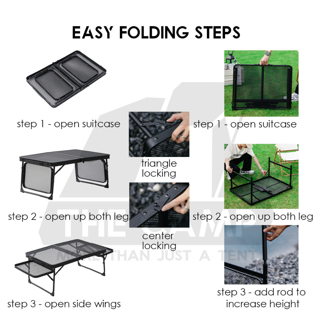Outdoor Camping Aluminium Mesh Table Foldable Suitcase Size Portable Lightweight Black Iron Mesh Rack
