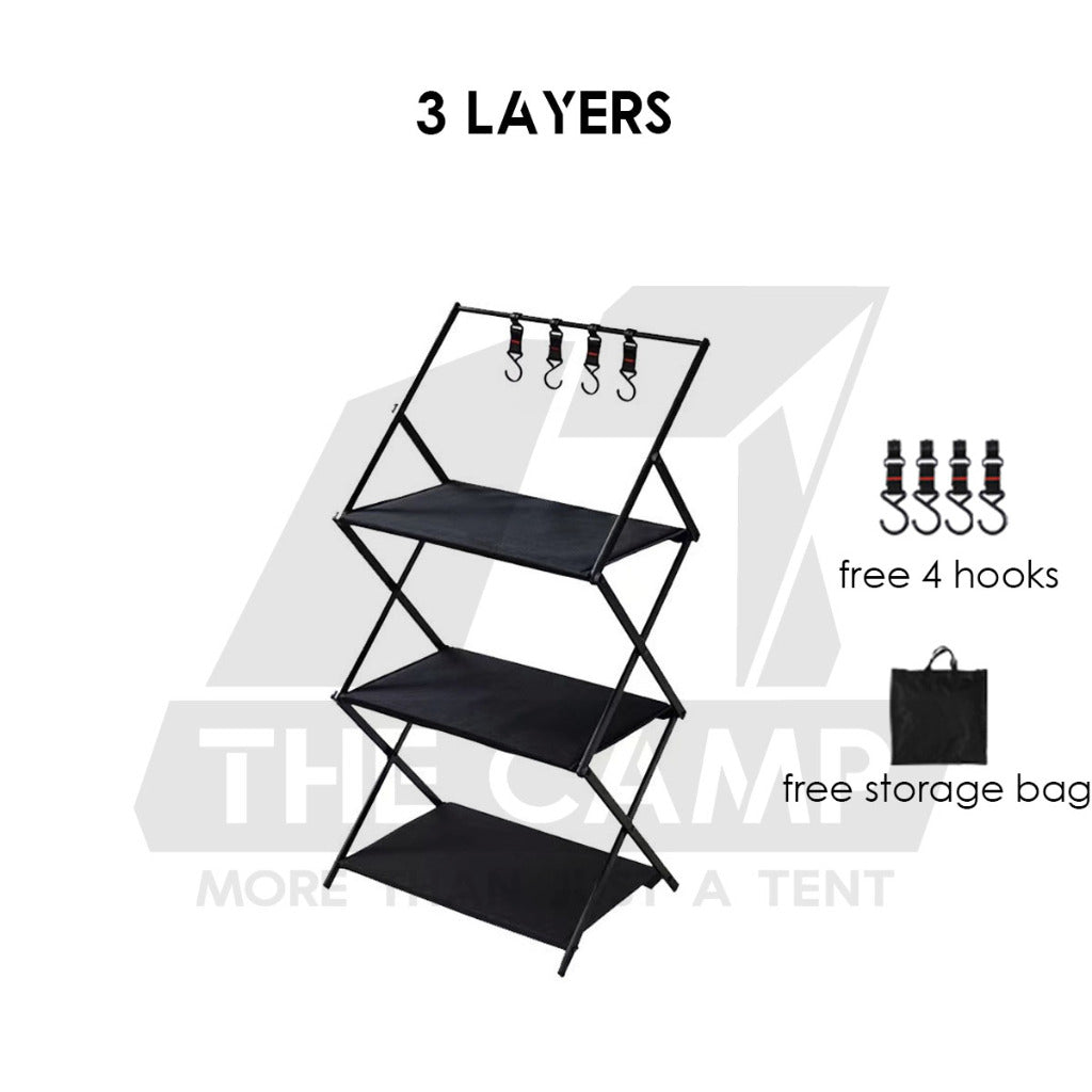 Camping Foldable Rack Basket 2 Layer 3 Layers Shelf Aluminum + Cloth Outdoor Hanger Tripod Stand Tableware Rak Lipat