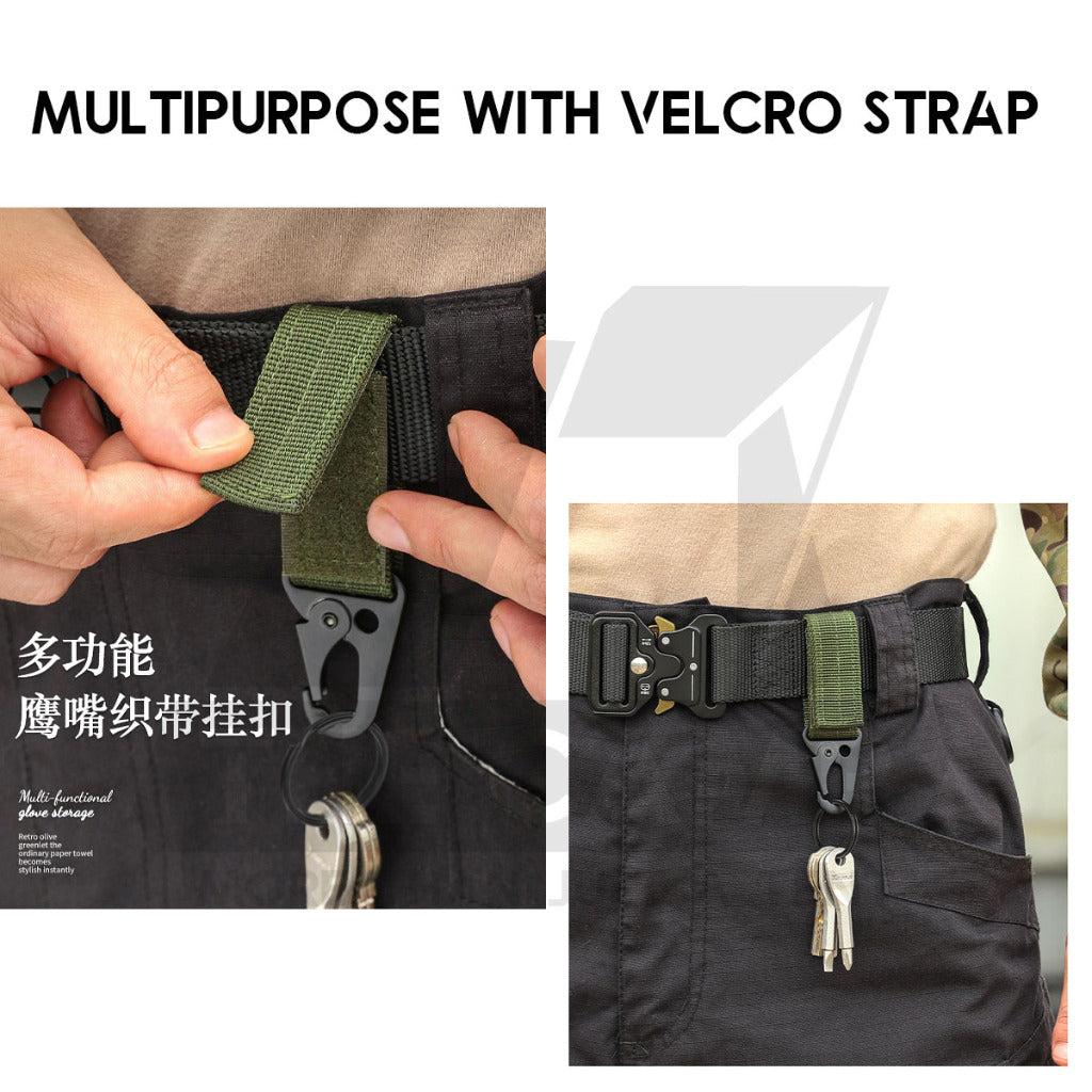 Tactical Keychain Nylon Canvas Men Belt Velcro Outdoor Camping Carabiner Key Hook Black Khaki Army Green