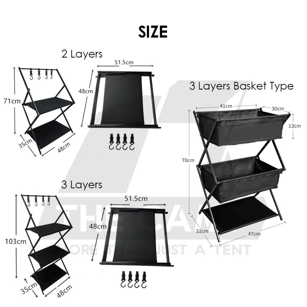 Camping Foldable Rack Basket 2 Layer 3 Layers Shelf Aluminum + Cloth Outdoor Hanger Tripod Stand Tableware Rak Lipat