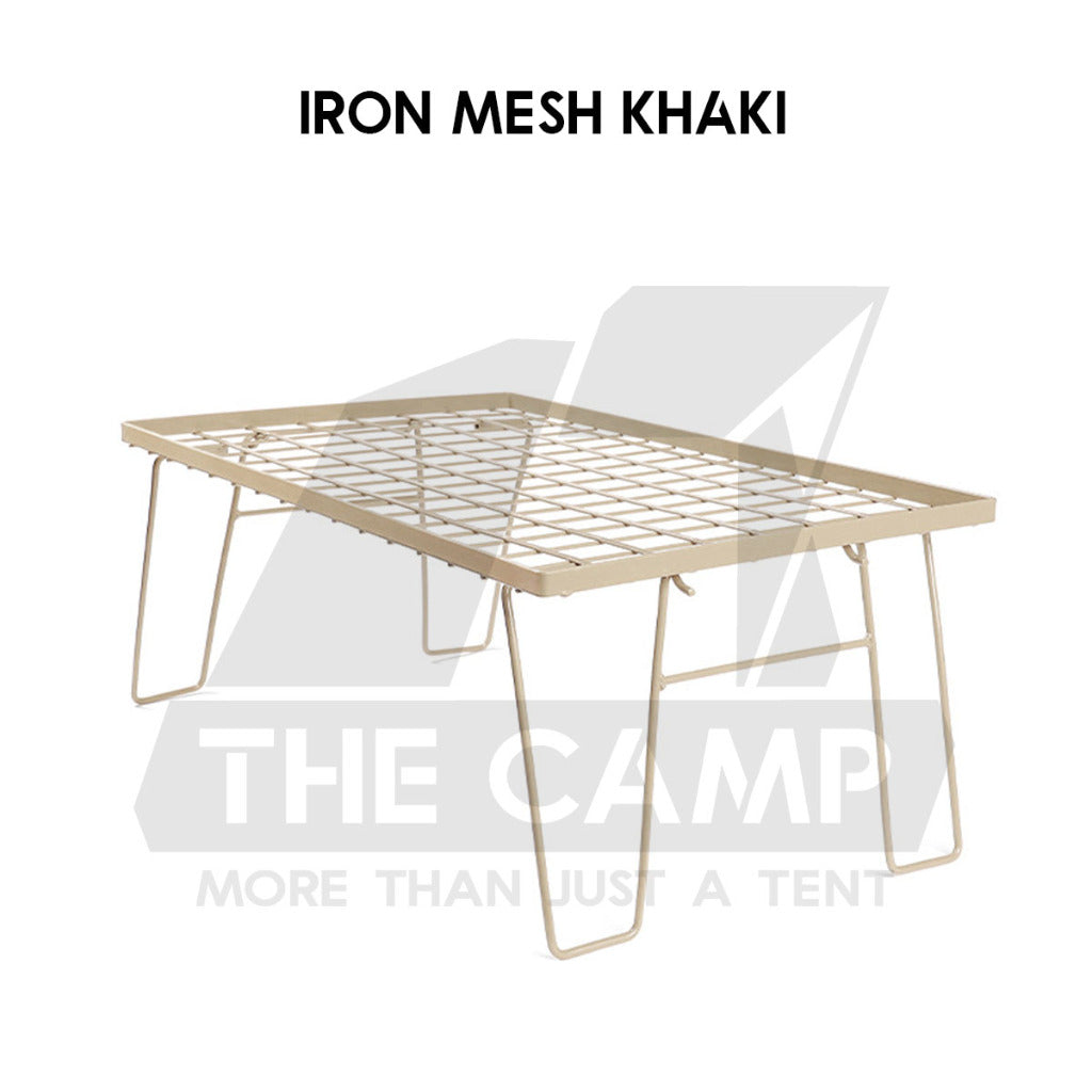 Iron Steel Mesh Camping Rack Table Foldable Portable Stacking Storage Rack Bamboo Wood Top Picnic Outdoor