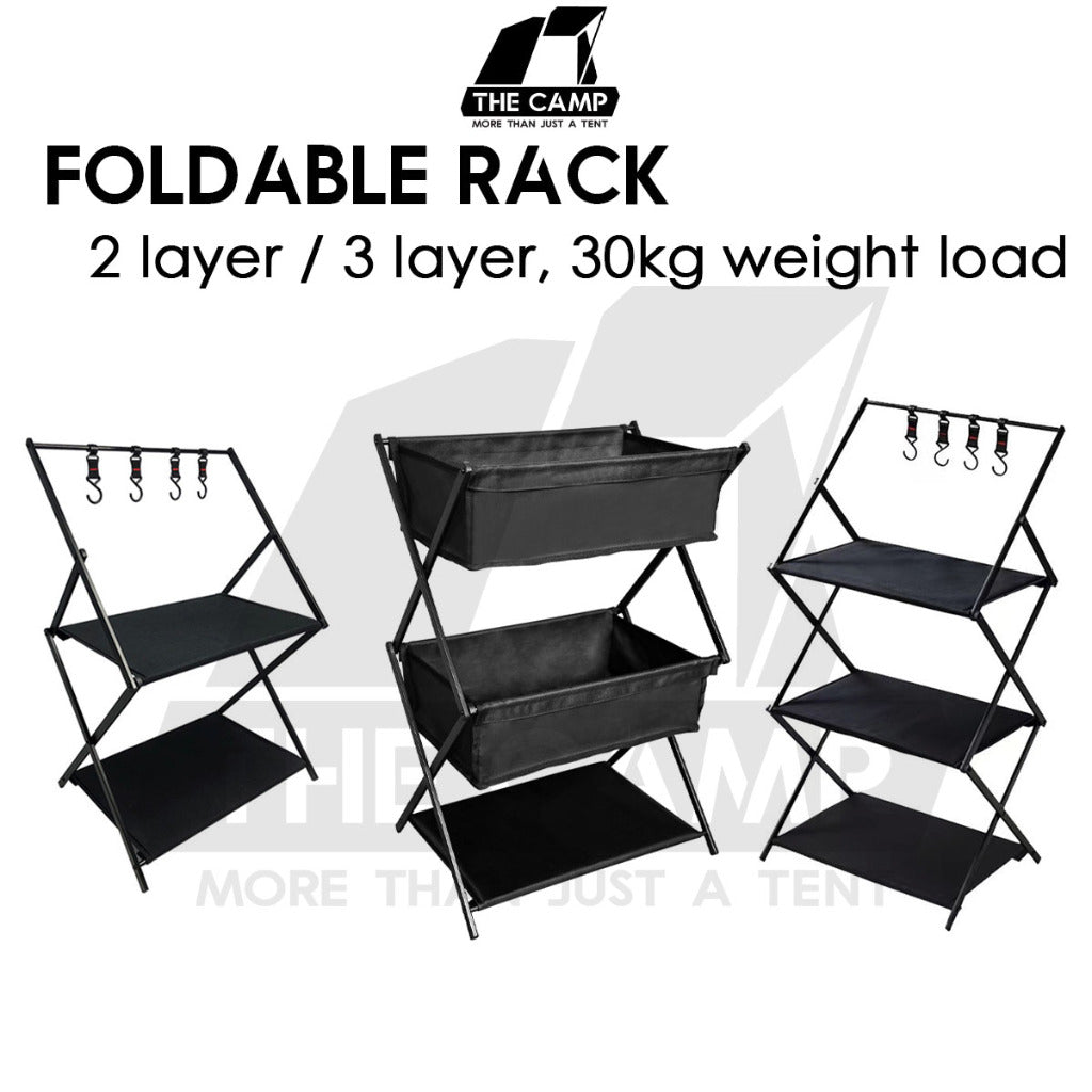 Camping Foldable Rack Basket 2 Layer 3 Layers Shelf Aluminum + Cloth Outdoor Hanger Tripod Stand Tableware Rak Lipat