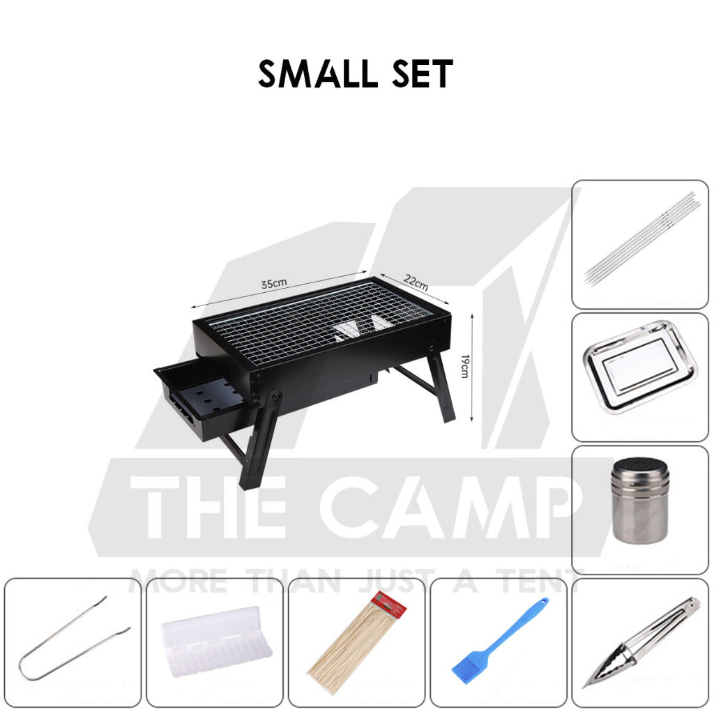 Portable Foldable BBQ Rack Grill Outdoor Camping Charcoal BBQ Stand Black Accessories Brush Skewer Seasoning Bottle