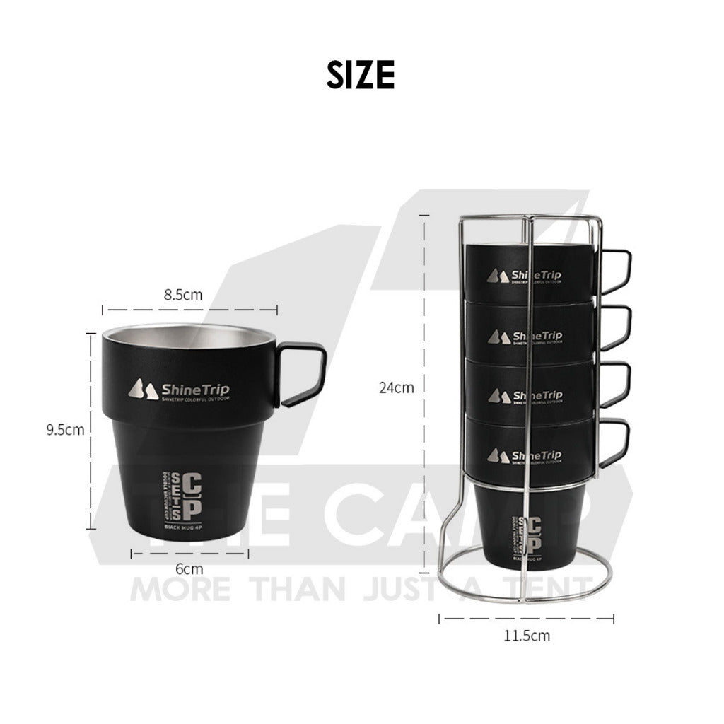 Shinetrip Portable 4PCS Stainless Steel Cup Set 300ml with Holder Rack Camping Cookware Picnic Table Peg Flysheet Black