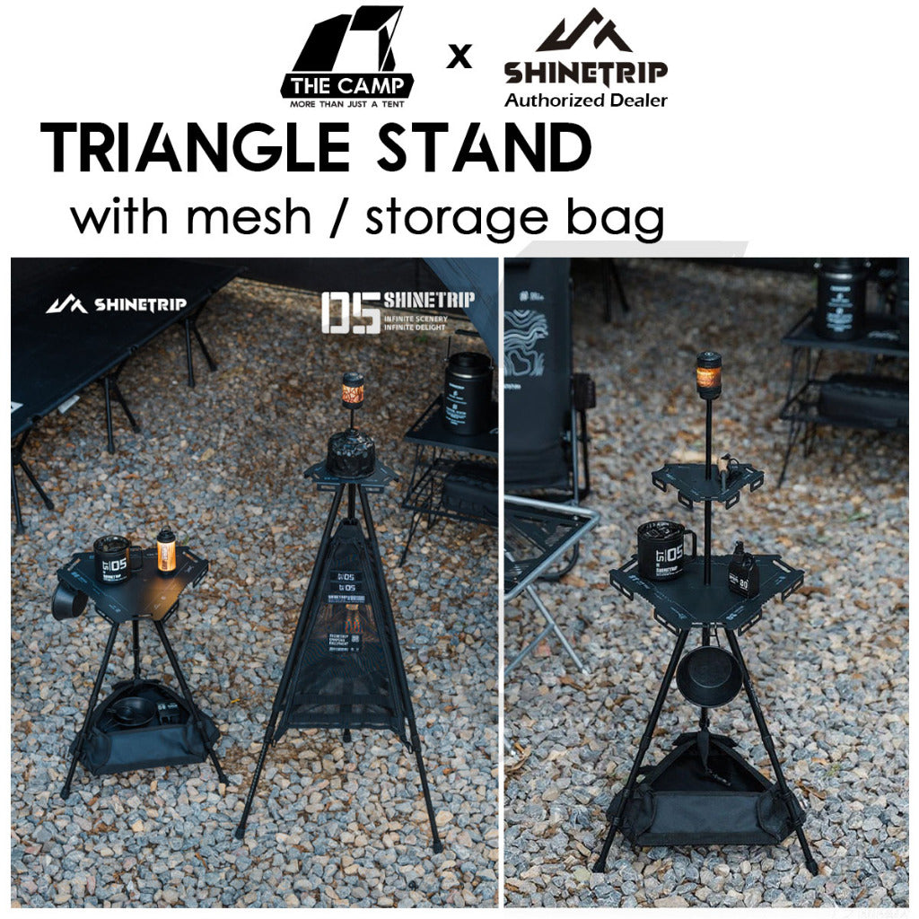 Shinetrip Triangle Stand Side Coffee Table Rack with Bag Mesh Adjustable Height Lamp Pole Outdoor Camping