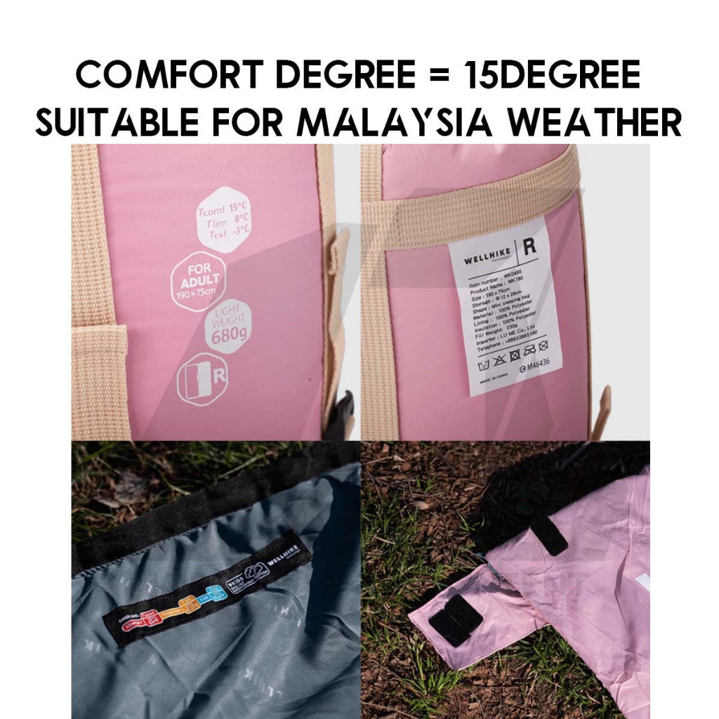 Wellhike SWS Envelope Sleeping Bag Lightweight Splashproof Washable Outdoor Camping Bed Comforter Blanket Black Pink
