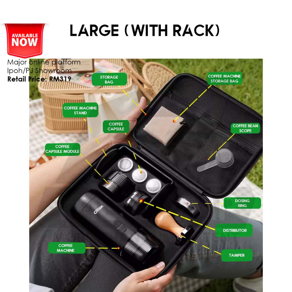 Cliton Expresso Coffee Maker Machine Outdoor Portable Set with Storage Bag Capsule Ground Powder 2 in 1 20Bar CL-CFS32