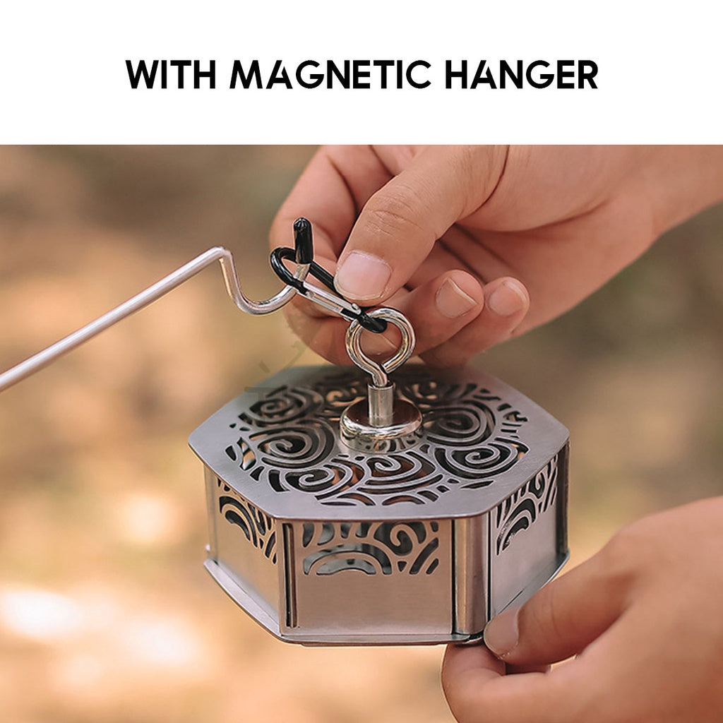Outdoor Camping Stainless Steel Mosquito Coil Rack Holder with Magnetic Box Solid Wood Repellent Incense Tent Flysheet