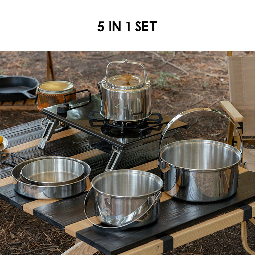Naturehike 3 in 1 Cookware Set Cooking Set Pot Set Kettle Pan Pot Camping Outdoor Picnic Stainless Steel NH22CJ005