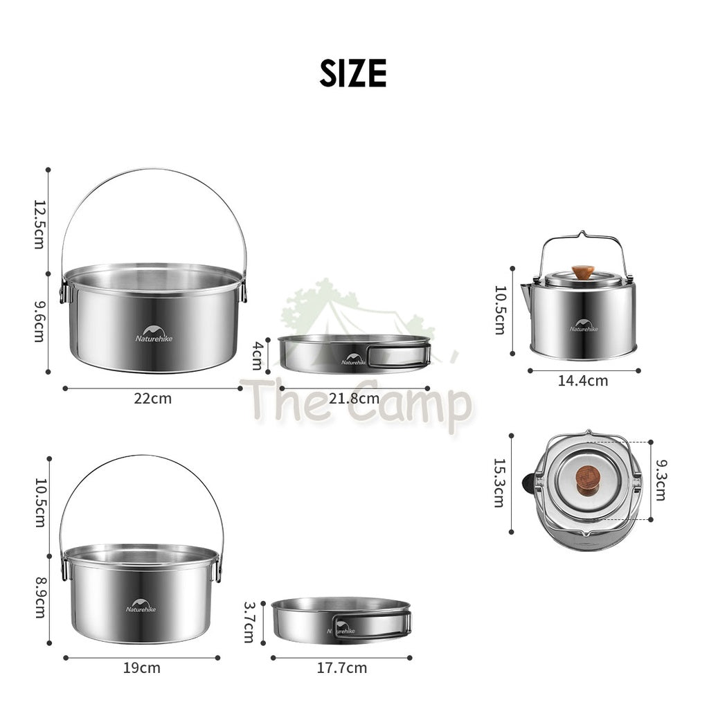 Naturehike 3 in 1 Cookware Set Cooking Set Pot Set Kettle Pan Pot Camping Outdoor Picnic Stainless Steel NH22CJ005