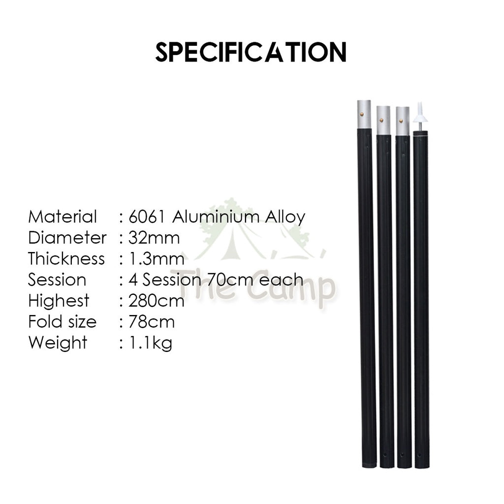 Camping Flysheet Tarp Pole 32mm Heavy Duty Fixed Rod Tent Aluminium Long 2.8m Stand Awning Canvas Canopy Tiang