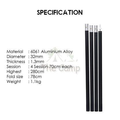 Camping Flysheet Tarp Pole 32mm Heavy Duty Fixed Rod Tent Aluminium Long 2.8m Stand Awning Canvas Canopy Tiang