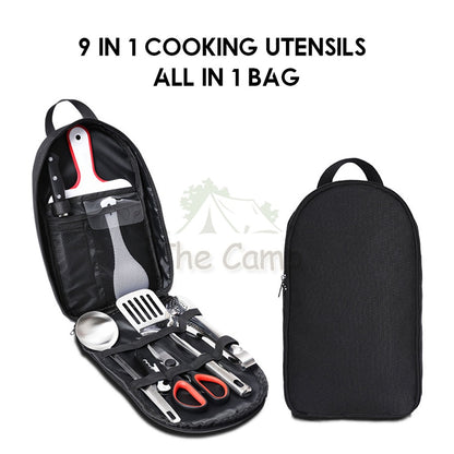 9 in 1 Cooking Utensil Kit Camping Picnic Cookware Hiking Knife Spoon Fork Stove Cooking Spatula Utensils