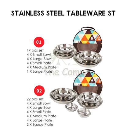 CLS 16 /17 / 22Pcs Stainless Steel Tableware Set Plate Bowl Camping Outdoor Portable Mess Kit Pinggan Mangkuk Tent Table