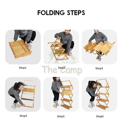 Outdoor Camping Multilayer Foldable Wood Shelf Portable Storage Rack Folding Multi 3 4 5 Layers Layer Bag with Hook