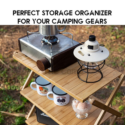 Outdoor Camping Multilayer Foldable Wood Shelf Portable Storage Rack Folding Multi 3 4 5 Layers Layer Bag with Hook