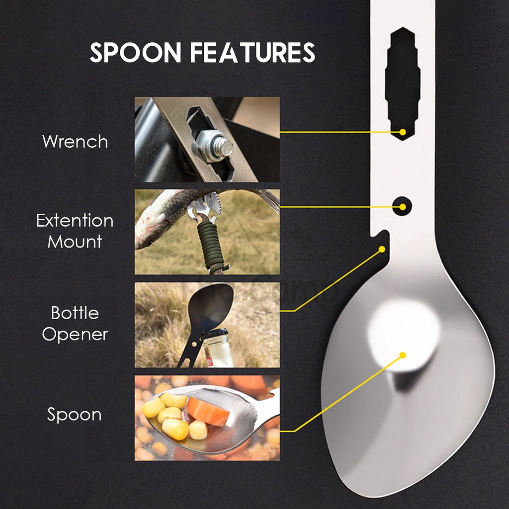 All In 1 Fork and Spoon Utensil Kit Camping Picnic Hiking Wrench Knife Extended Fork Can Bottle Opener BBQ Utensils