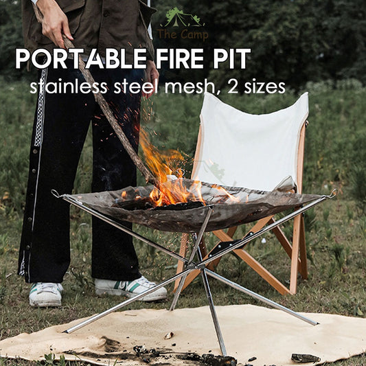 Outdoor Camping 304 Stainless Steel Mesh Fire Pit Portable Foldable Rack BBQ Tripod Triangle Bonfire Campfire Fireplace