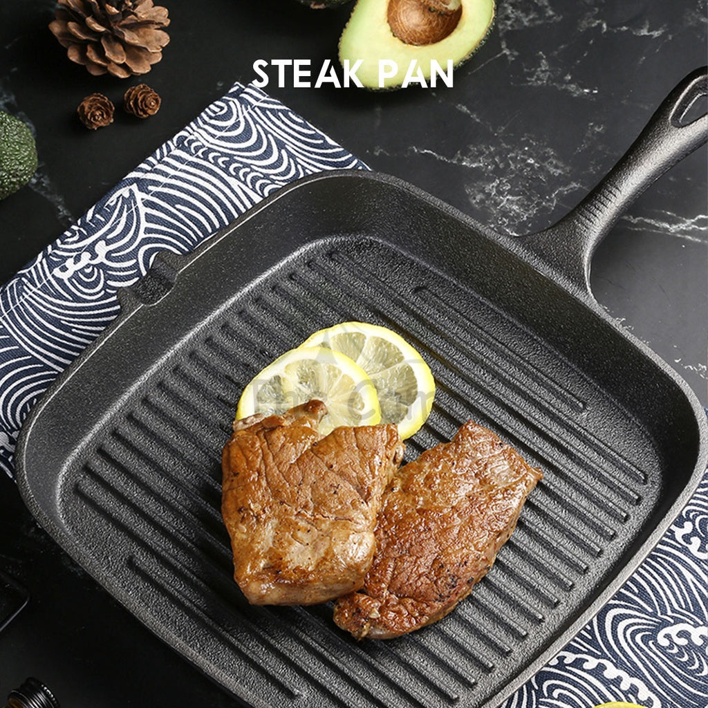 Cast Iron Skillet Grill Pan Frying Egg Pan Non Stick Square Steak Pan Camping Picnic No Coating Silicone Handle Grip