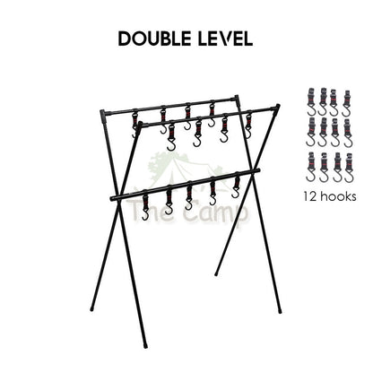Outdoor Triangle Hanging Rack Aluminum Mesh Camping Hanger Cookware Tripod Shelf Stand Tableware Organizer Double Level