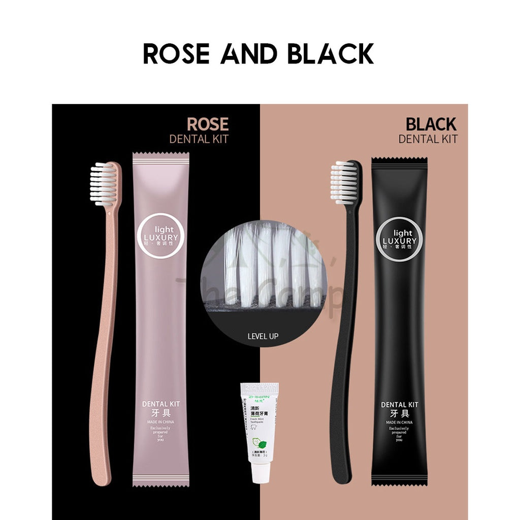 Luxury Elegant Disposable Toothbrush Set Dental Kit with Toothpaste Premium Set For Airbnb Hotel Camping Rose Gold Black