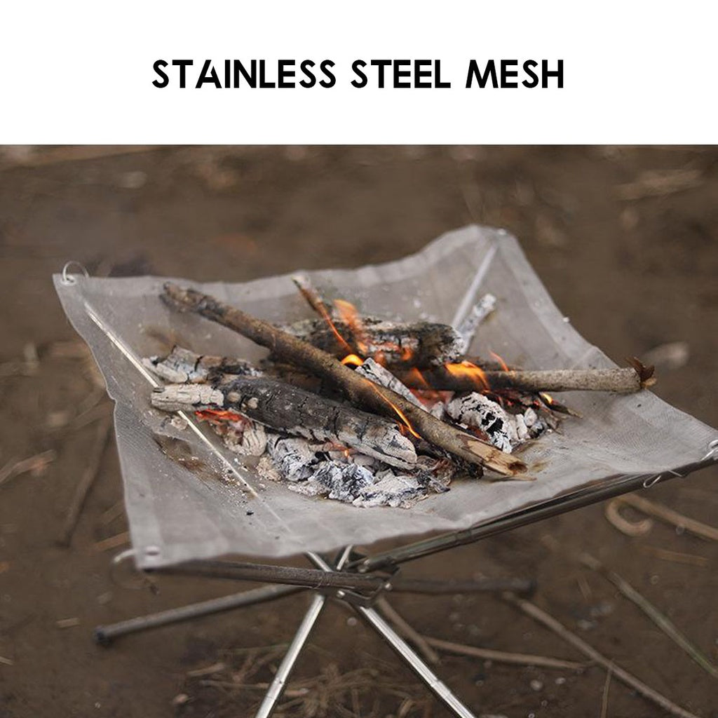 Outdoor Camping 304 Stainless Steel Mesh Fire Pit Portable Foldable Rack BBQ Tripod Triangle Bonfire Campfire Fireplace
