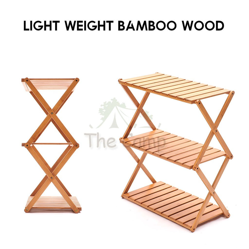 Outdoor Camping Multilayer Foldable Wood Shelf Portable Storage Rack Folding Multi 3 4 5 Layers Layer Bag with Hook