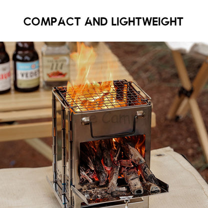 Outdoor BBQ Firewood Stove Grill Stainless Steel Barbecue Rack Portable Foldable Camping Mini Fire Pit Frying Pan Tent