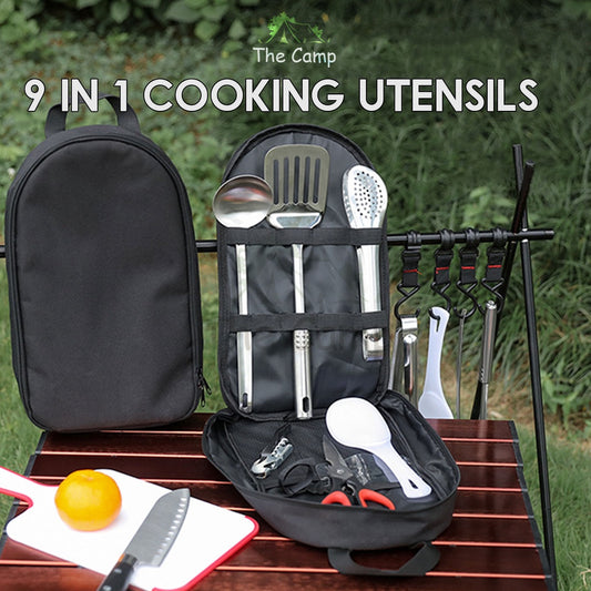 9 in 1 Cooking Utensil Kit Camping Picnic Cookware Hiking Knife Spoon Fork Stove Cooking Spatula Utensils