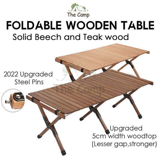 Foldable Solid Wooden Table Beech Teak Wood 2022 Upgraded Steel Pins Egg Roll Folding Portable Camping Camp 90 120 cm