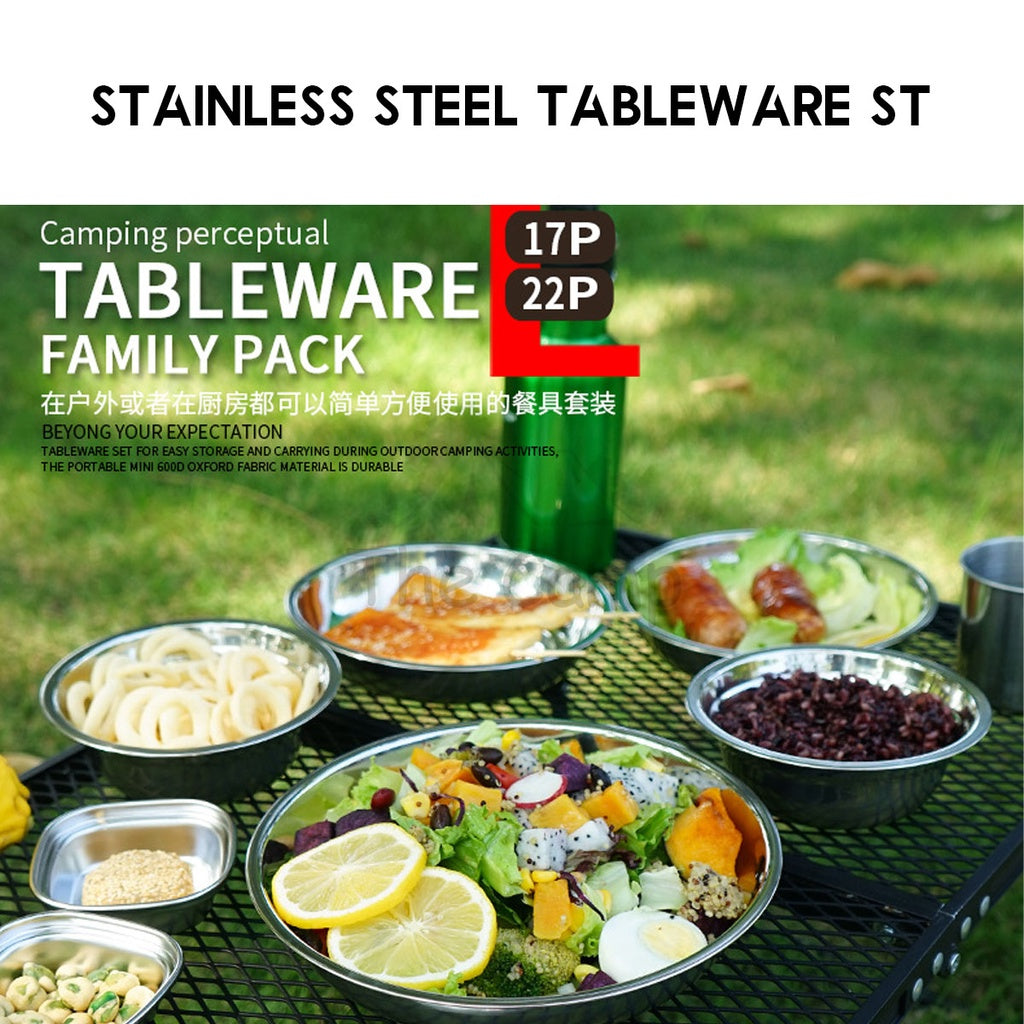 CLS 16 /17 / 22Pcs Stainless Steel Tableware Set Plate Bowl Camping Outdoor Portable Mess Kit Pinggan Mangkuk Tent Table