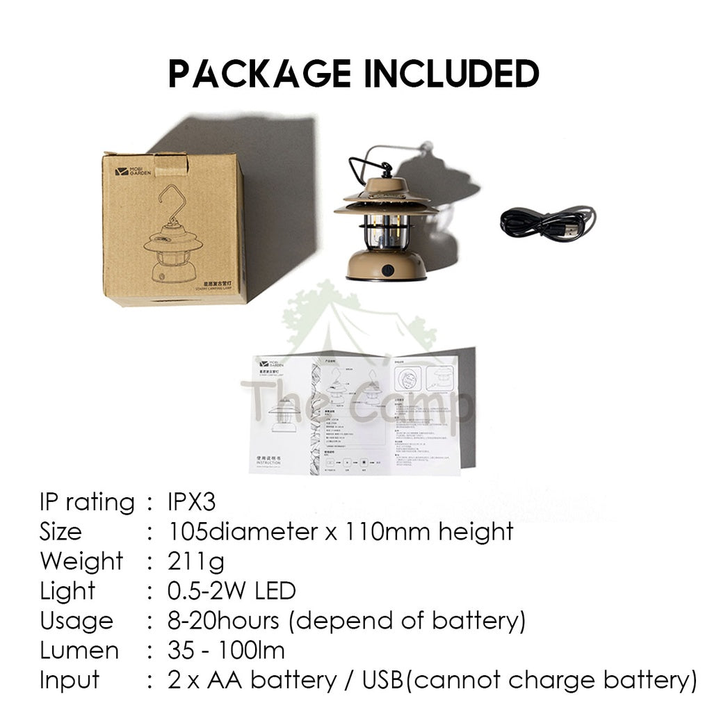 Mobi Garden Retro Lantern LED Stand Hanging Lamp AA Battery Camping Light Outdoor USB Hiking Fishing