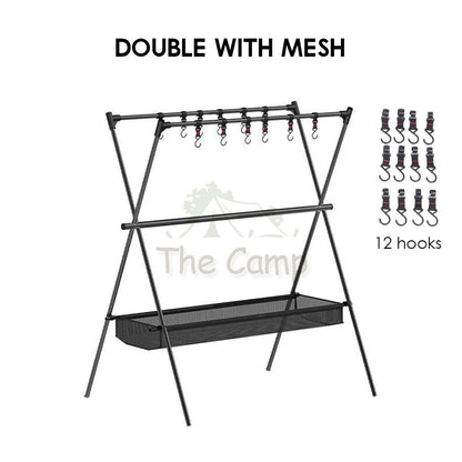 Outdoor Triangle Hanging Rack Aluminum Mesh Camping Hanger Cookware Tripod Shelf Stand Tableware Organizer Double Level