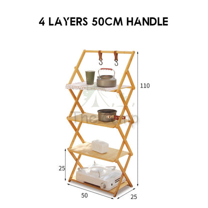 Outdoor Camping Multilayer Foldable Wood Shelf Portable Storage Rack Folding Multi 3 4 5 Layers Layer Bag with Hook