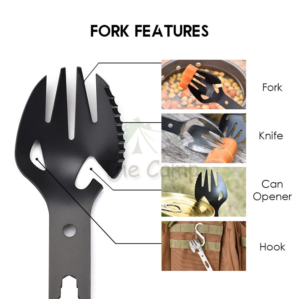 All In 1 Fork and Spoon Utensil Kit Camping Picnic Hiking Wrench Knife Extended Fork Can Bottle Opener BBQ Utensils