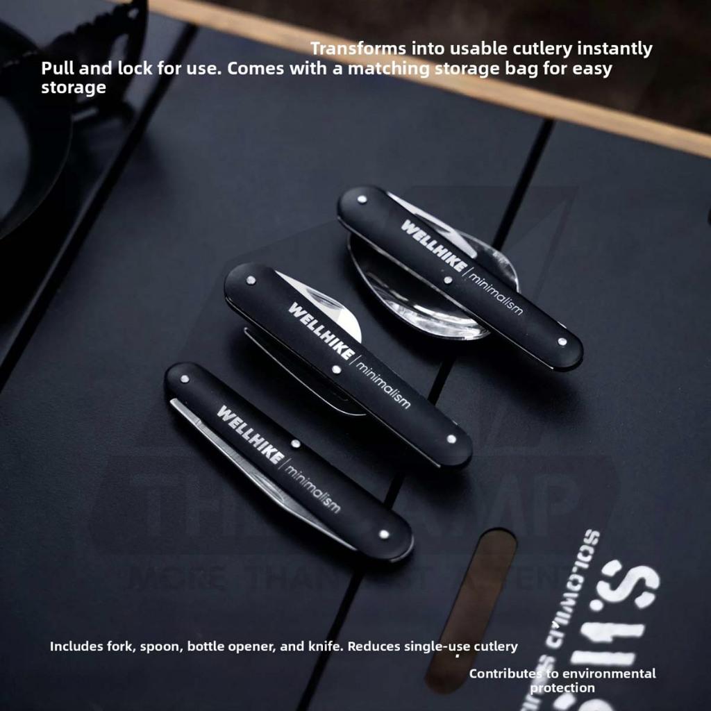 Wellhike SWS 3 in 1 Foldable Cutlery Set Fork Spoon Knife Bottle Opener Hiking Outdoor Camping Picnic