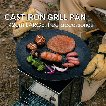 Outdoor Camping Cast Iron Grill Pan Large Round Diecast Nonstick Plate BBQ Picnic Cookware Frying Pot Cooking Wok
