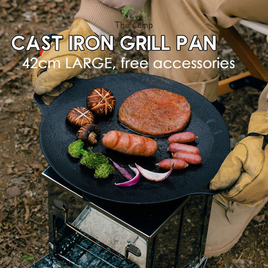 Outdoor Camping Cast Iron Grill Pan Large Round Diecast Nonstick Plate BBQ Picnic Cookware Frying Pot Cooking Wok