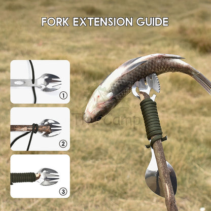 All In 1 Fork and Spoon Utensil Kit Camping Picnic Hiking Wrench Knife Extended Fork Can Bottle Opener BBQ Utensils